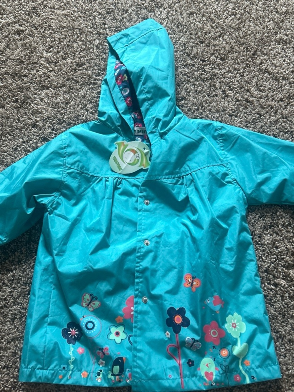 Girls Teal Hooded Raincoat with Floral & Butterfly Print